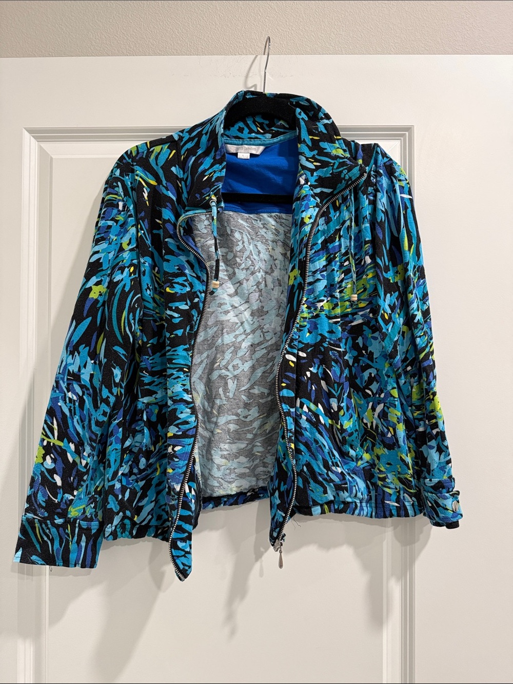 Erin London Blue Patterned Women's Zip Jacket sz l
